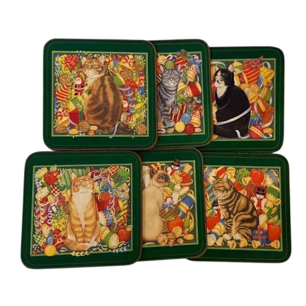 Pimpernel Christmas Cats Set of 6 Coasters Vintage Made in England